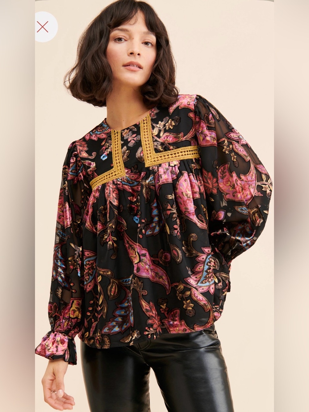 EUC Anthropologie Black Paisley Print Peasant Velvet Blouse size L